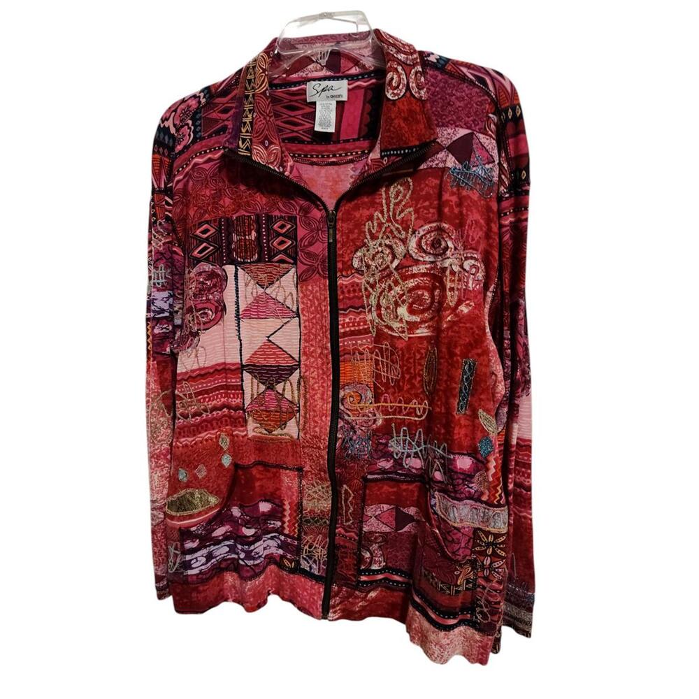 Spa by Chico's‎ Red Patterned Zip-Up Jacket - Picture 2 of 5